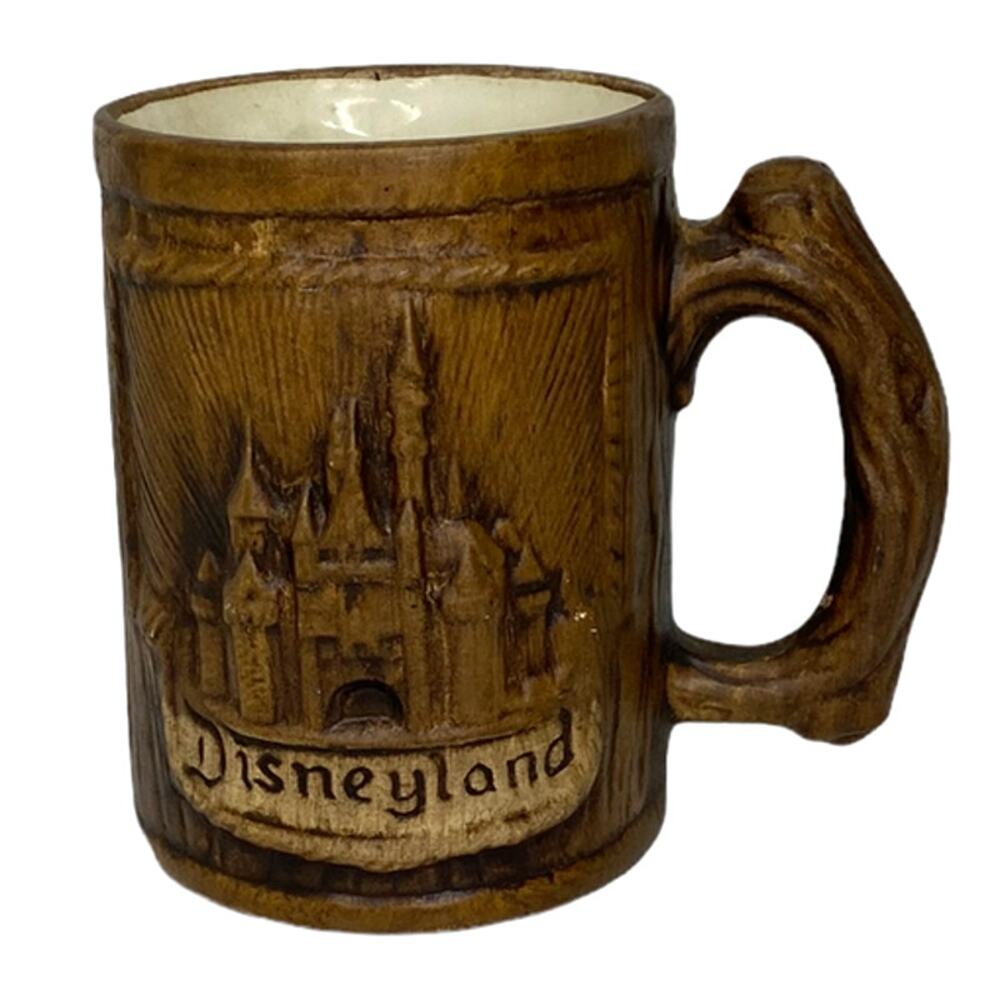 Vintage Disneyland Mug Cinderella Castle Faux Wood Ceramic Disney Souvenir Cup